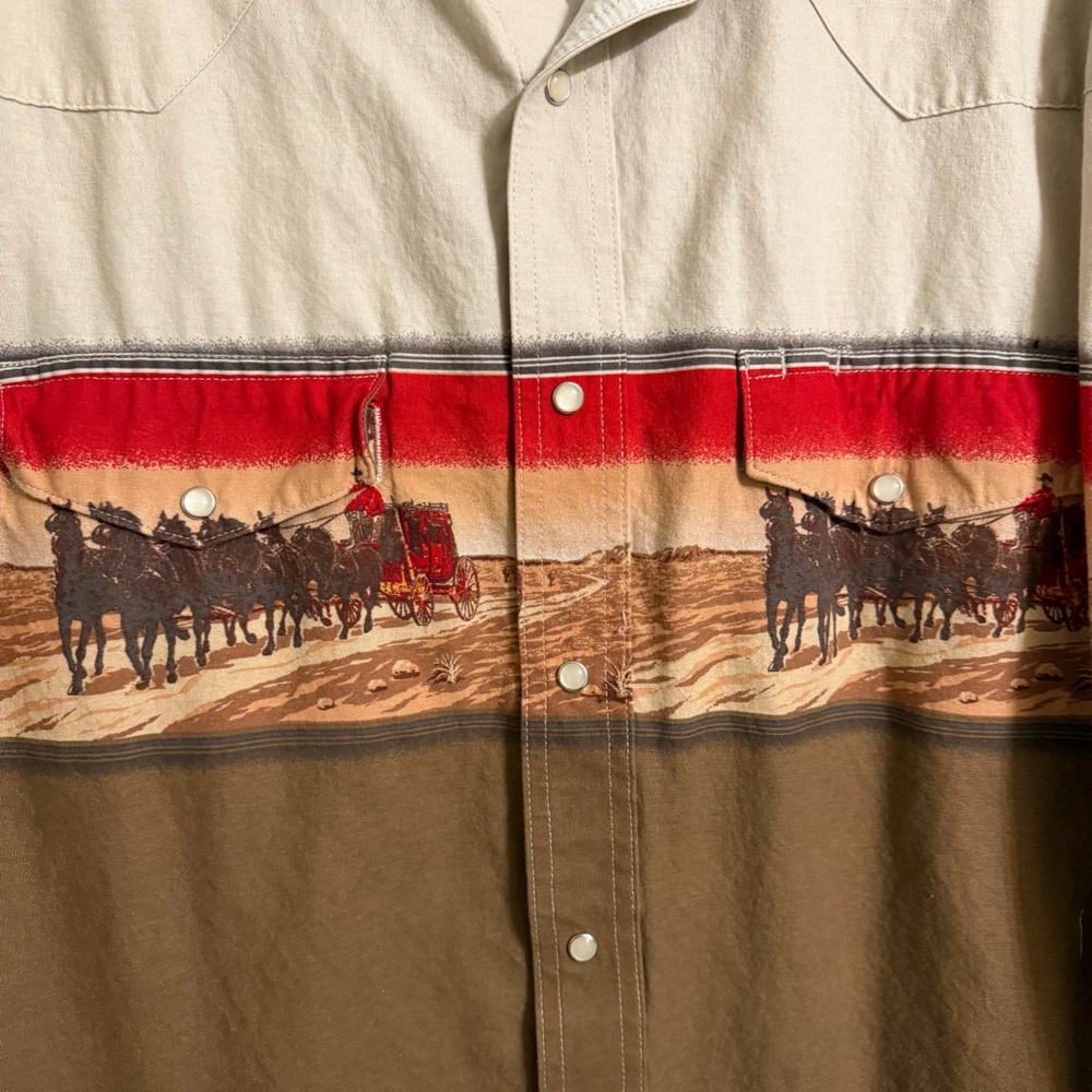 Vintage 90s Wrangler Western Pearl Snap Horse Wagon Print Shirt XL Cowboy Ranch - Picture 11 of 11